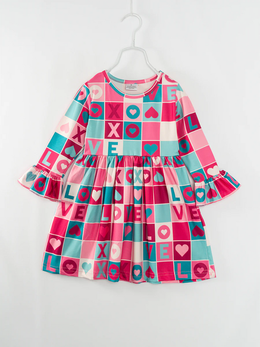(Custom Design Preorder MOQ 5) Pink Heart Plaid Print Girls Valentine's Knee Length Dress