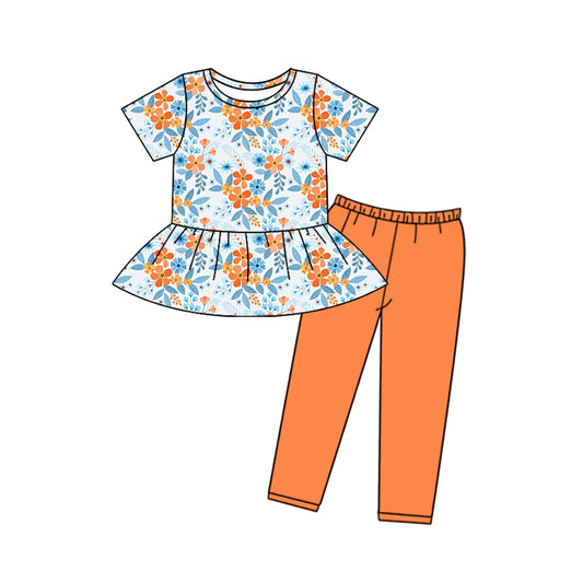 (Custom Design Preorder MOQ 5) Flowers Top Orange Pants Girls Clothes Set