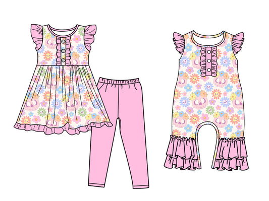 5.6(Custom Design Preorder MOQ 5 Each Design) Skull Colorful Flowers Print Girls Halloween Matching Clothes Sisters Wear