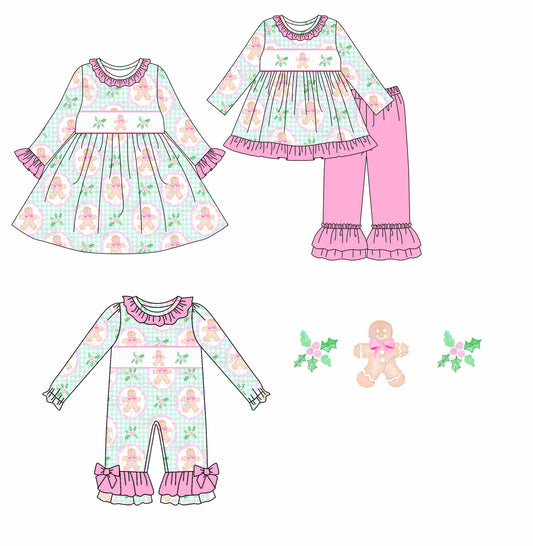 5.22(Custom Design Preorder MOQ 5 Each Design) Gingerbread Holly Print Girls Christmas Matching Clothes Sisters Wear