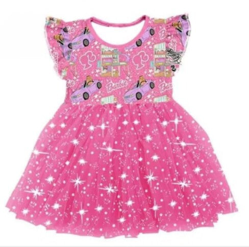 (Custom Design MOQ 5) Pink BA print girls tulle knee length dress