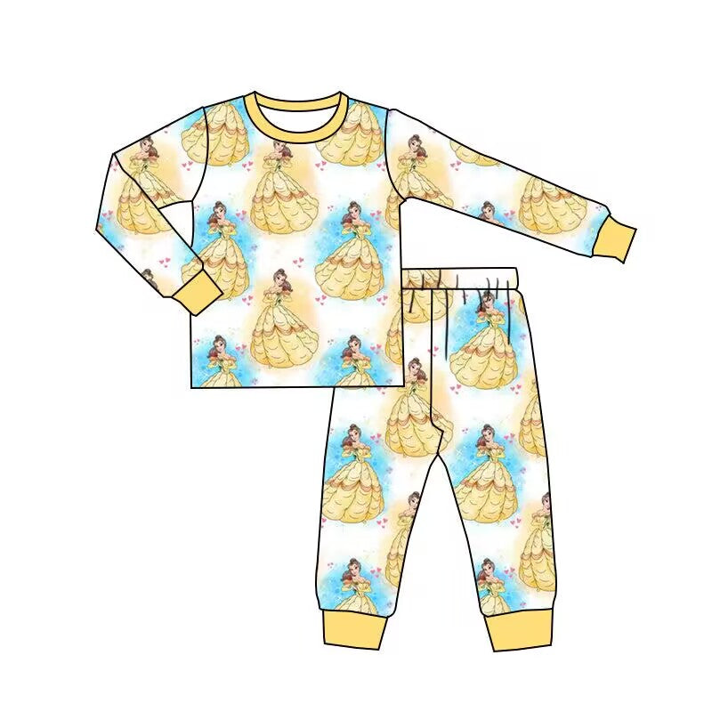 (Custom Design MOQ 5) Yellow Cartoon Princess Print Girls Pajamas Clothes Set