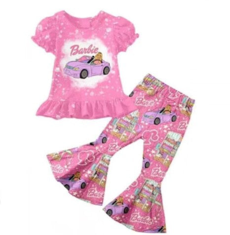 (Custom Design MOQ 5) Pink BA Print Girls Bell Pants Clothes Set