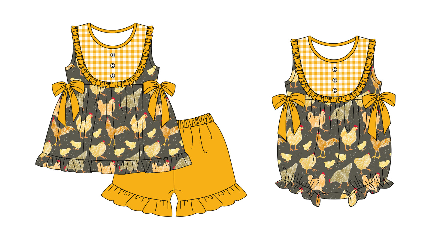 11.21(Custom Design Preorder MOQ 5 Each Design) Chicken Mustard Print Girls Summer Matching Clothes Sisters Wear