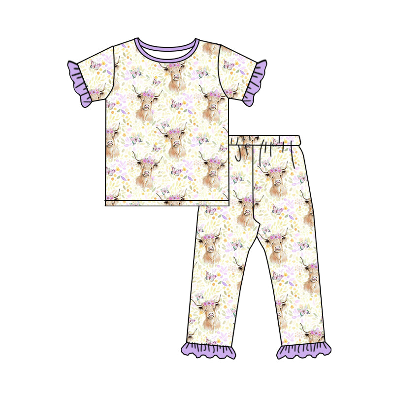 (Custom Design Preorder MOQ 5) Highland Cow Flowers Print Girls Pajamas Clothes Set