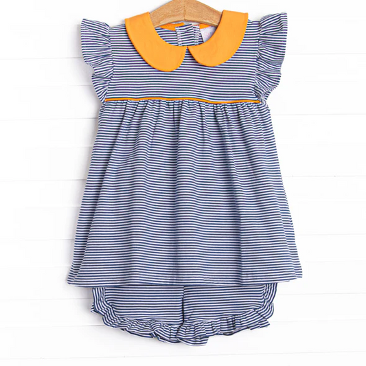 (Custom Design Preorder MOQ 5) Navy Stripes Print Shorts Girls Summer Clothes Set