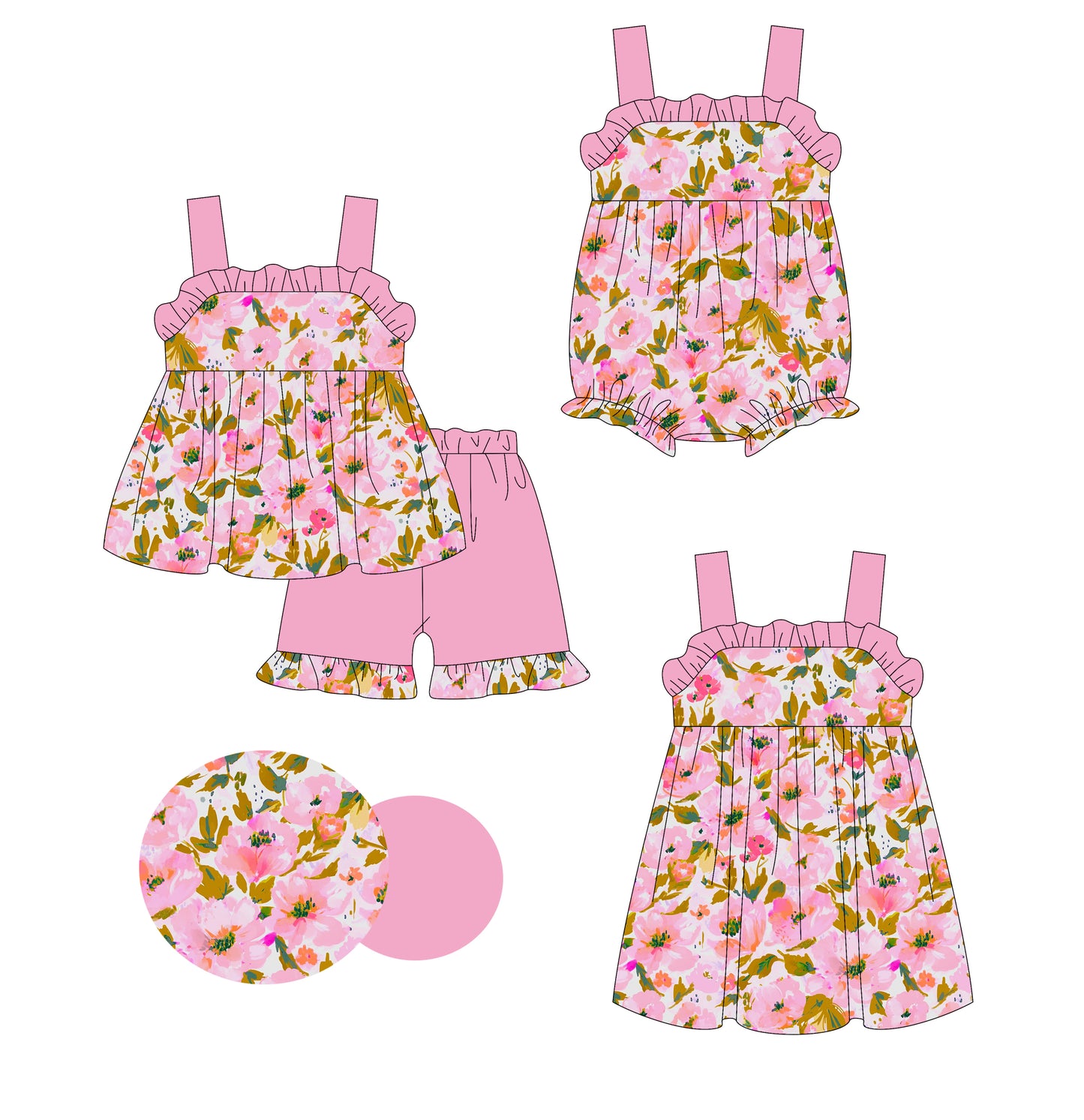 3.6(Custom Design Preorder MOQ 5 Each Design) Pink Flowers Print Girls Summer Matching Clothes Sisters Wear