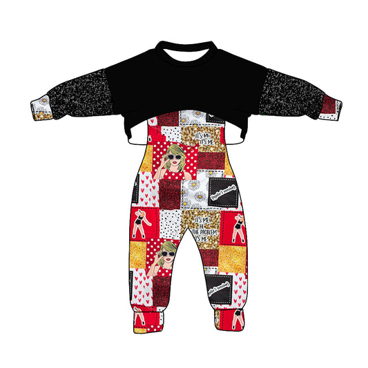 (Custom Design Preorder MOQ 5) Singer Swiftie Print Black Top Jumpsuits Girls Fall Clothes Set