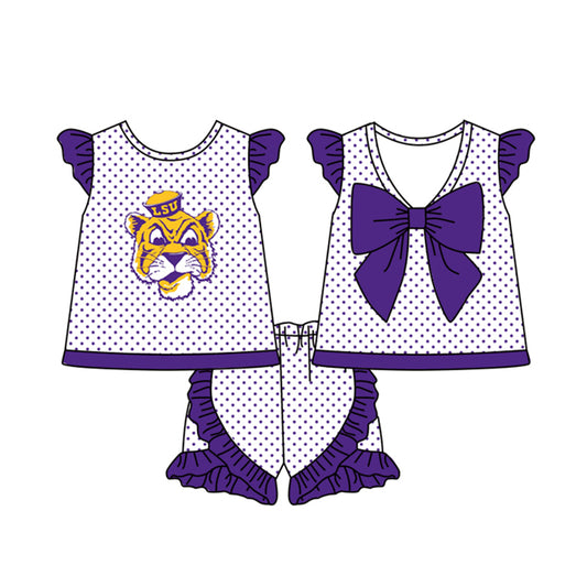 (Custom Design Preorder MOQ 5) Team's Tiger Purple Print Girls Summer Clothes Set