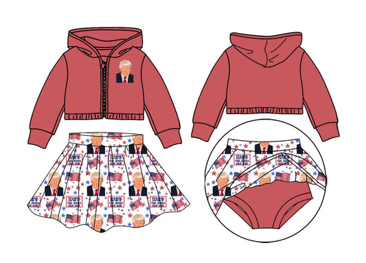 (Custom Design Preorder MOQ 5) TRUMP Flags Print Skirts With Shorts Girls Clothes Sets