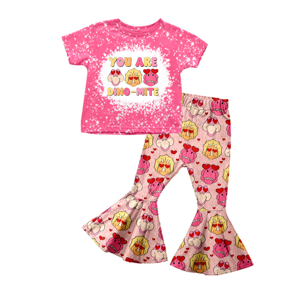 (Custom Design Preorder MOQ 5) You Are Dino Mite Print Bell Pants Girls Valentine's Clothes Set