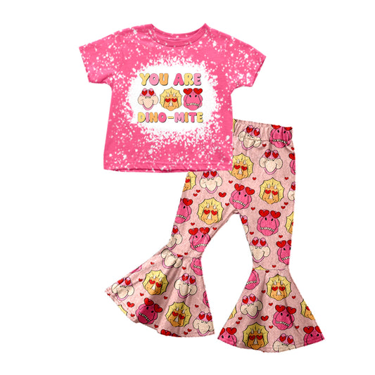 (Custom Design Preorder MOQ 5) You Are Dino Mite Print Bell Pants Girls Valentine's Clothes Set
