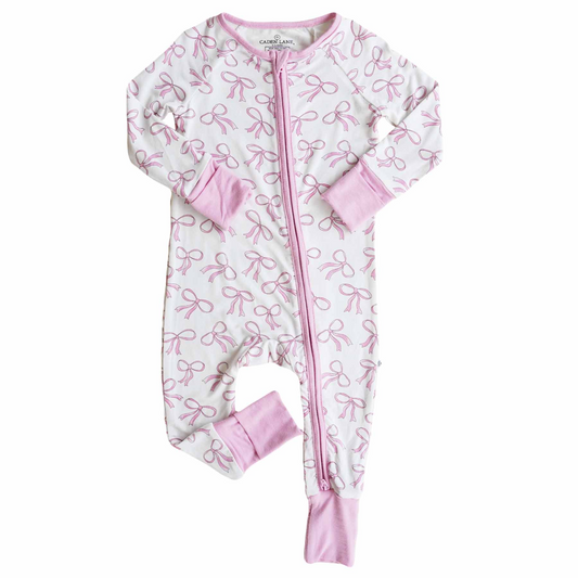 (Custom Design Preorder MOQ 5)  Pink Bows Print Baby Girls Bamboo Fall Sleeper Zipper Romper