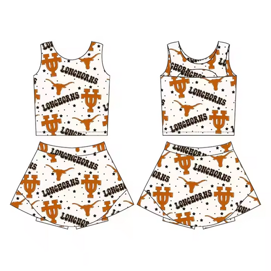 (Custom Design Preorder MOQ 5) Team's LONGHORNS COW Print Shorts Skirts Girls Summer Yoga Clothes Set