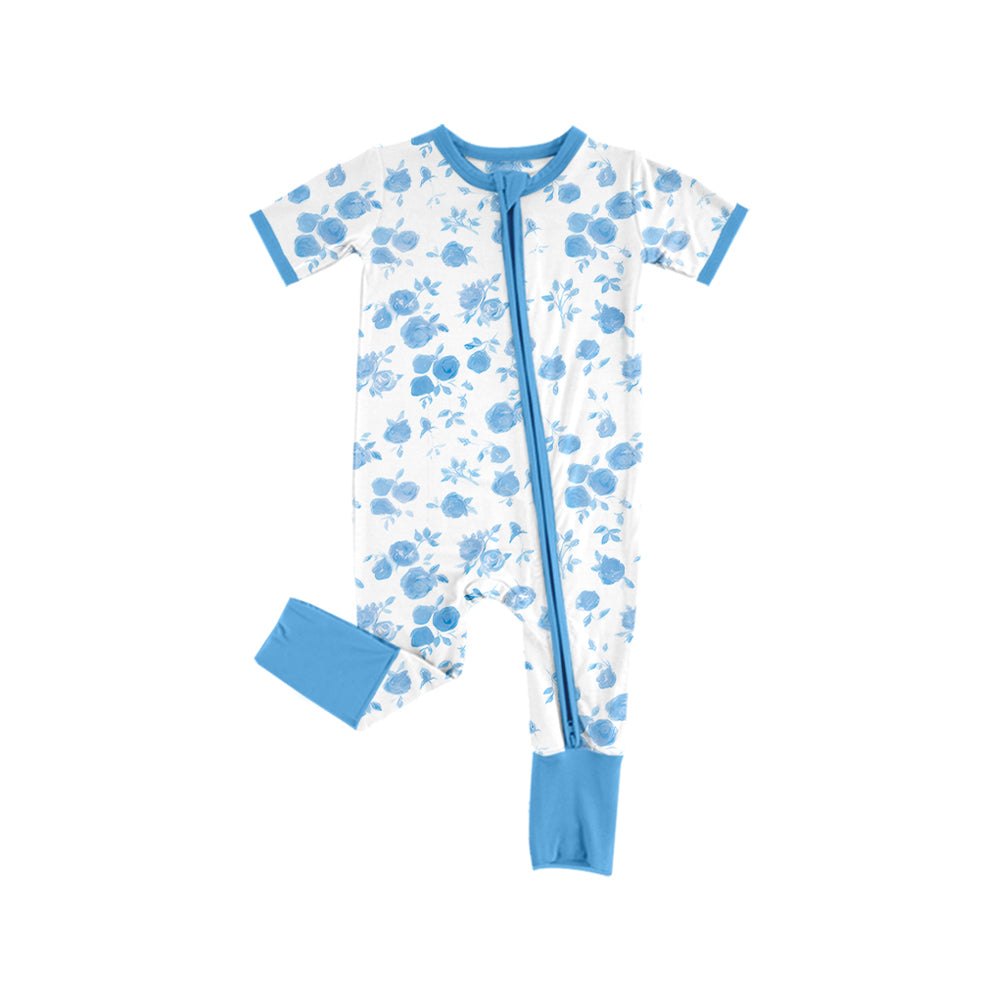 12.10(Custom Design Preorder MOQ 5) Blue Flowers Print Baby Girls Sleeper Zipper Romper