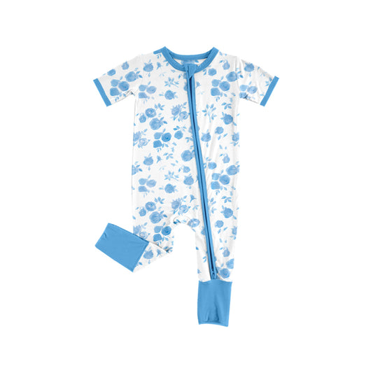 12.10(Custom Design Preorder MOQ 5) Blue Flowers Print Baby Girls Sleeper Zipper Romper