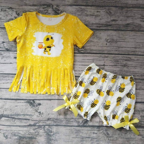 (Custom Design Preorder MOQ 5) Bee Tassels Top Shorts Girls Summer Clothes Set