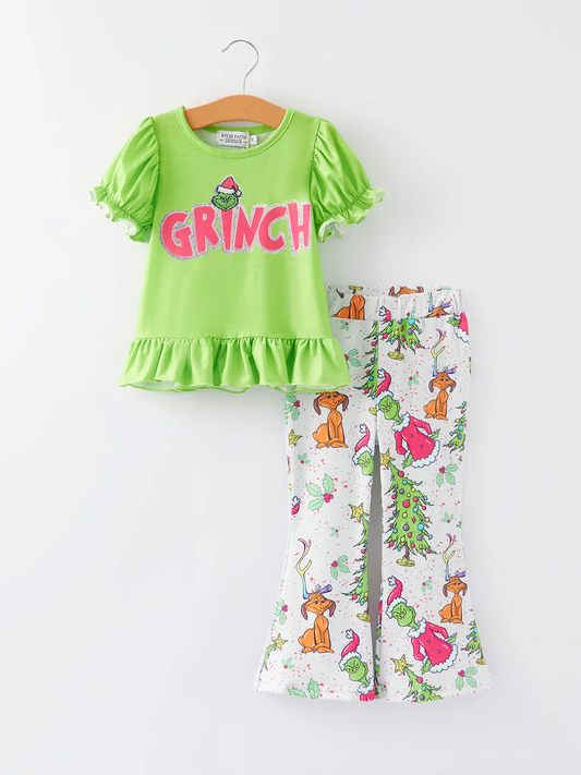 (Custom Design Preorder MOQ 5) Green Frog Top White Pants Girls Christmas Clothes Set