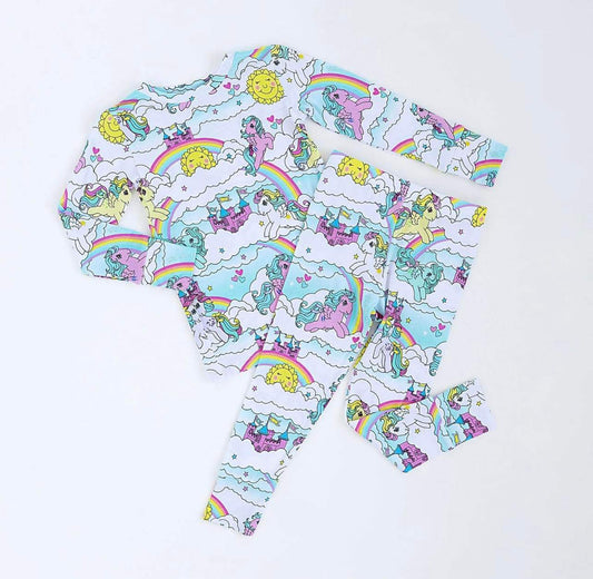 (Custom Design Preorder MOQ 5) Castle Rainbow Horse Print Girls Pajamas Clothes Set