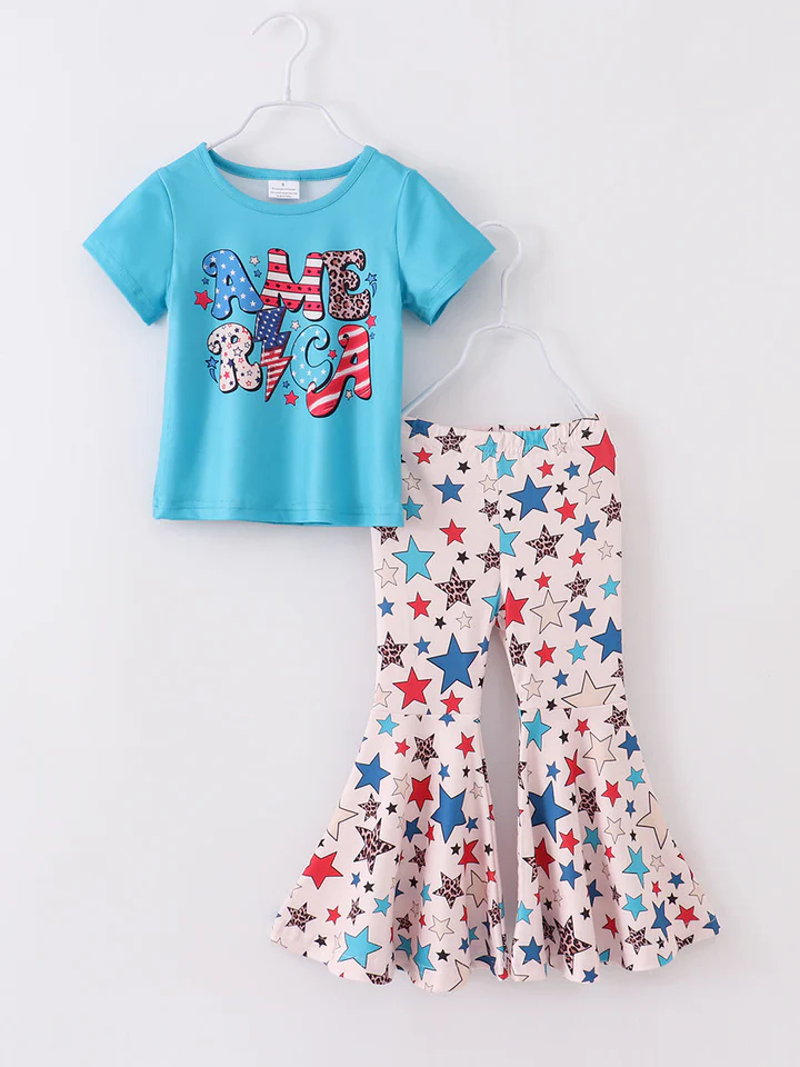 (Custom Design Preorder MOQ 5) AMERICA Blue Top Stars Bell Pants Girls 4th of July Clothes Set