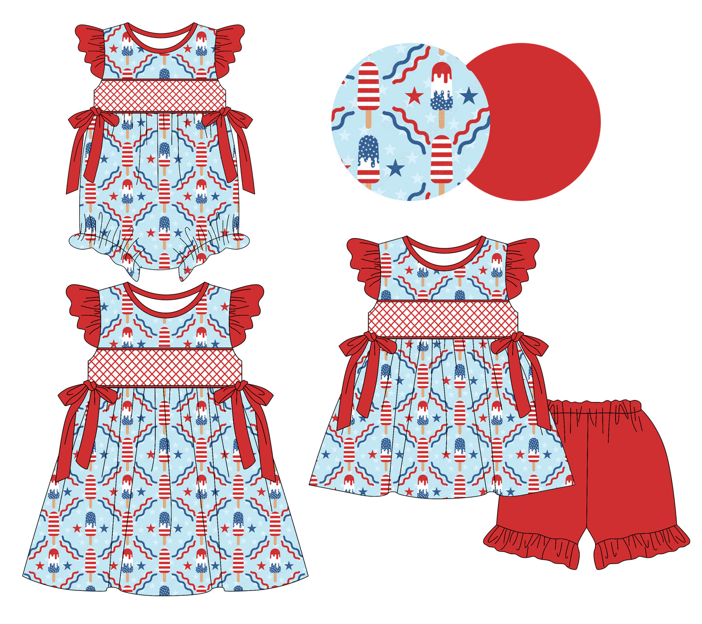 3.10(Custom Design Preorder MOQ 5 Each Design) Popsicle Stars Print Girls 4th of July Matching Clothes Sisters Wear