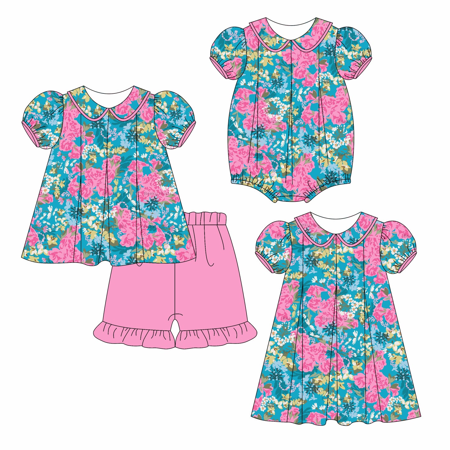 3.6(Custom Design Preorder MOQ 5 Each Design) Pink Blue Flowers Print Girls Summer Matching Clothes Sisters Wear