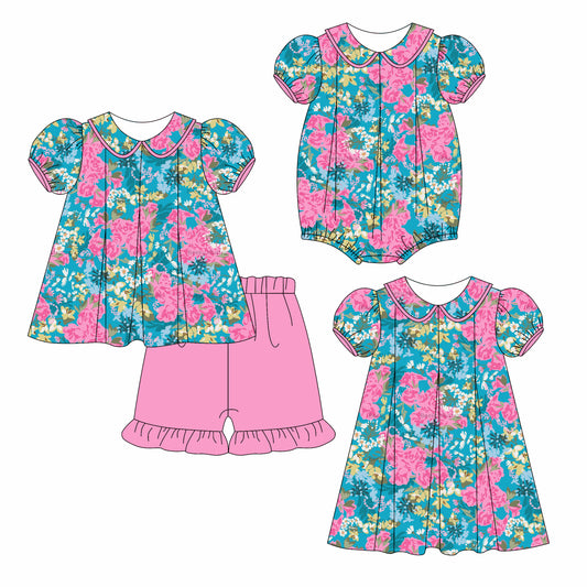 3.6(Custom Design Preorder MOQ 5 Each Design) Pink Blue Flowers Print Girls Summer Matching Clothes Sisters Wear