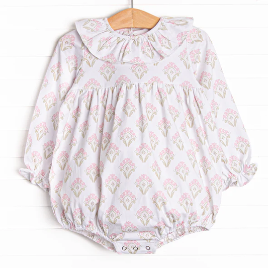 (Custom Design Preorder MOQ 5) Pink Flowers White Print Baby Girls Romper
