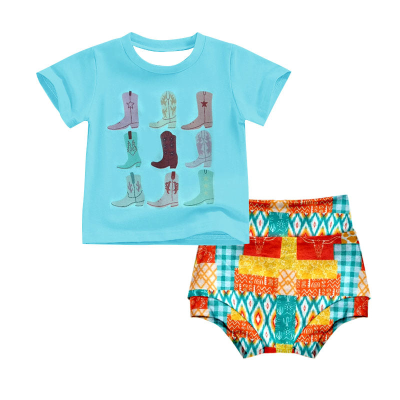 (Custom Design Preorder MOQ 5) Boots Blue Top Aztec Shorts Baby Girls Summer Western Bummie Set