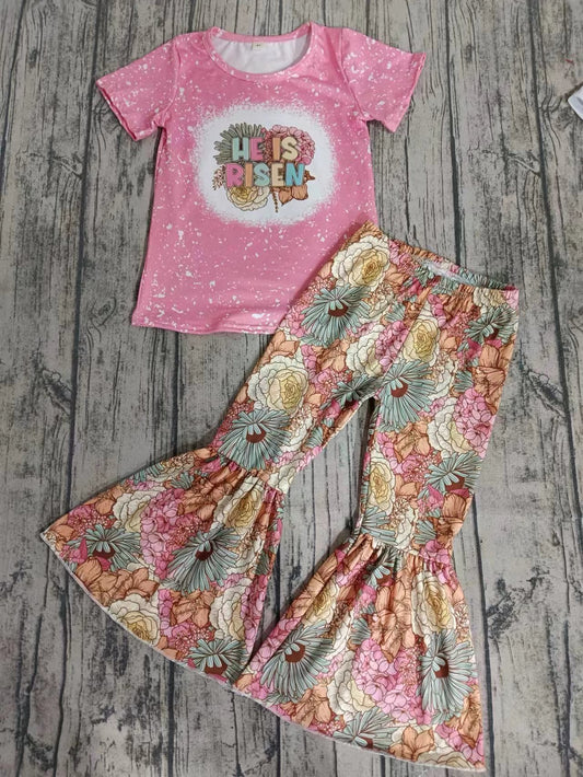 (Custom Design Preorder MOQ 5) He IS Risen Flowers Print Bell Pants Girls Clothes Set