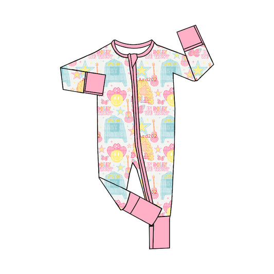 (Custom Design Preorder MOQ 5) Dolly Guitar Pink Print Baby Girls Sleeper Zipper Romper