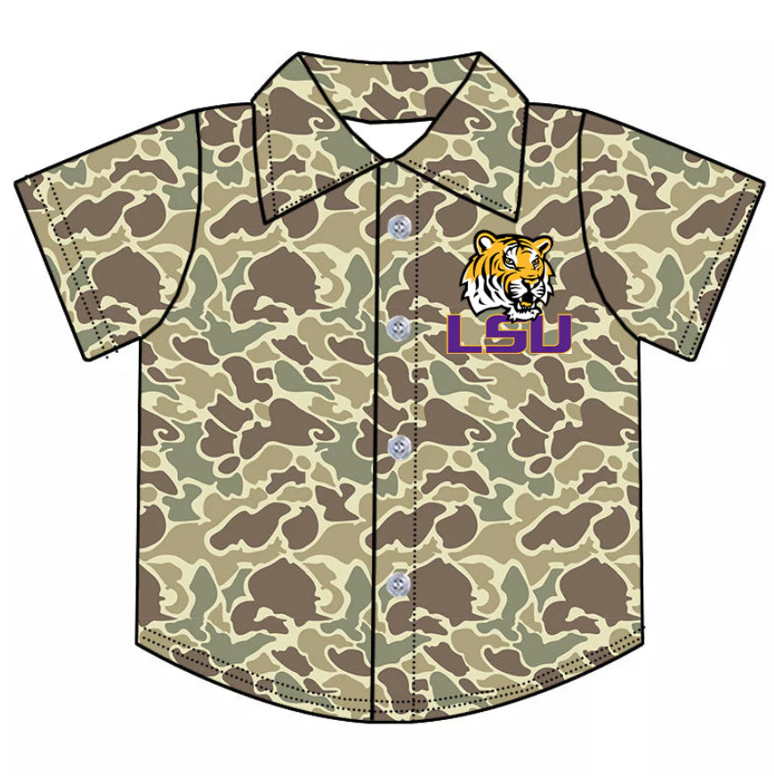 (Custom Design Preorder MOQ 5 Each Item) Team's Camo LSU Tigers Print Polo Top Mom and Me Matching Clothes