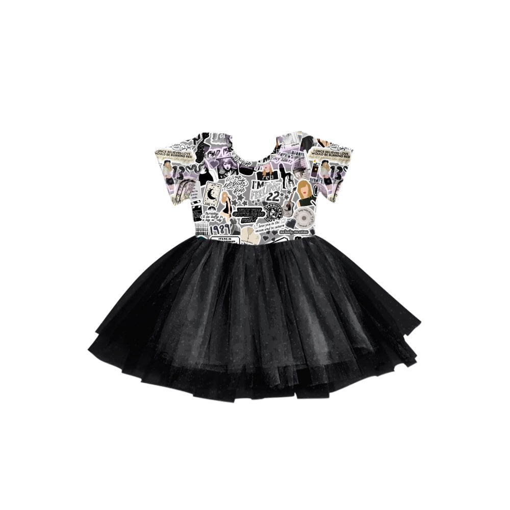 (Custom Design Preorder MOQ 5)  Singer Print Black Tulle Girls Knee Length Summer Dress