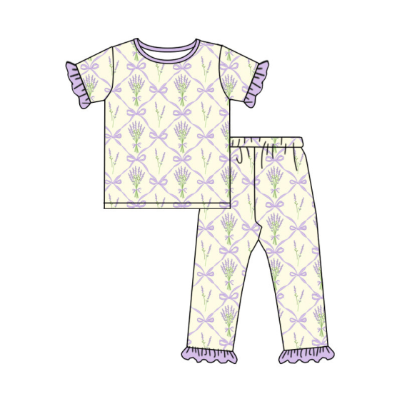 (Custom Design Preorder MOQ 5) Purple Bows Flowers Print Girls Pajamas Clothes Set