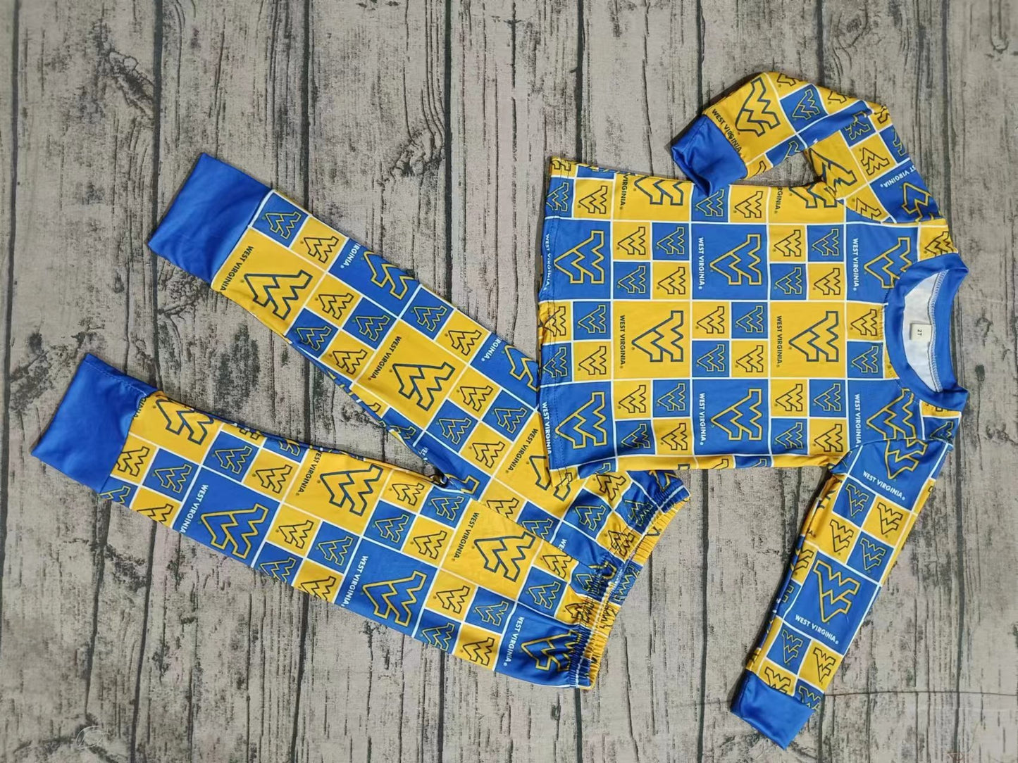 (Custom Design Preorder MOQ 5) Team's WV Blue Yellow Plaid Print Kids Pajamas Clothes Set