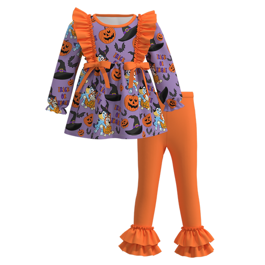 (Custom Design Preorder MOQ 5)  Cartoon Dog Pumpkin Tunic Top Orange Pants Girls Halloween Clothes Set