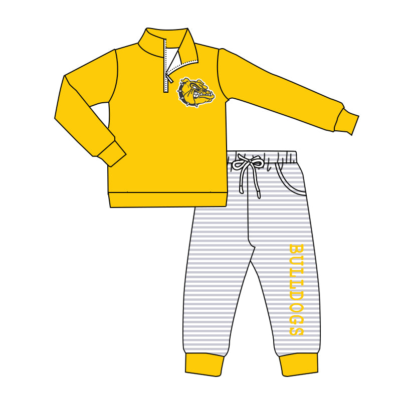 (Custom Design Preorder MOQ 5) Team's BULLDOGS Pullover Top Stripes Pockets Pants Boys Fall Clothes Set