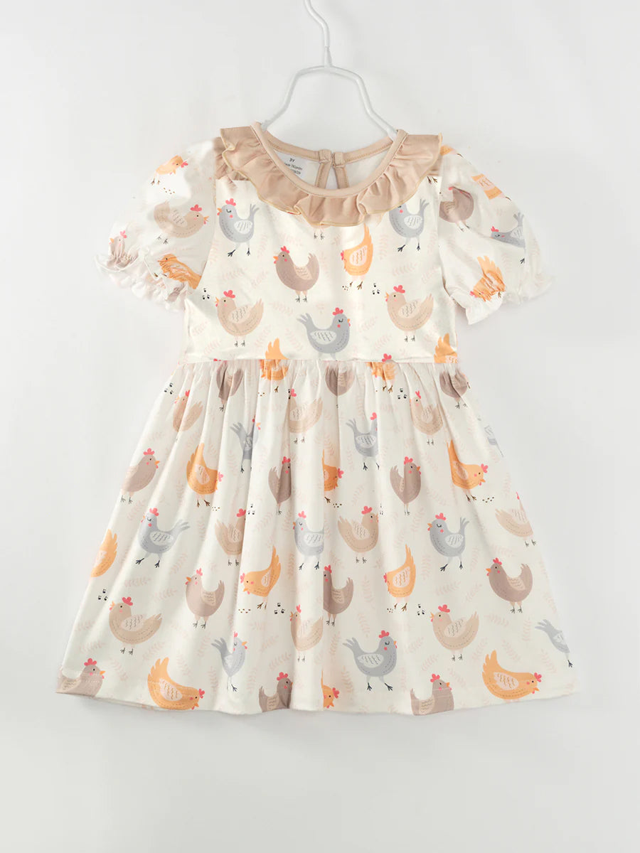 (Custom Design Preorder MOQ 5) Chicken Print Girls Summer Knee Length Dress