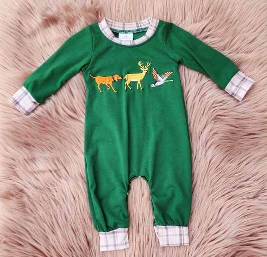 (Custom Design Preorder MOQ 5) Dog Deer Duck Green Print Baby Fall Romper