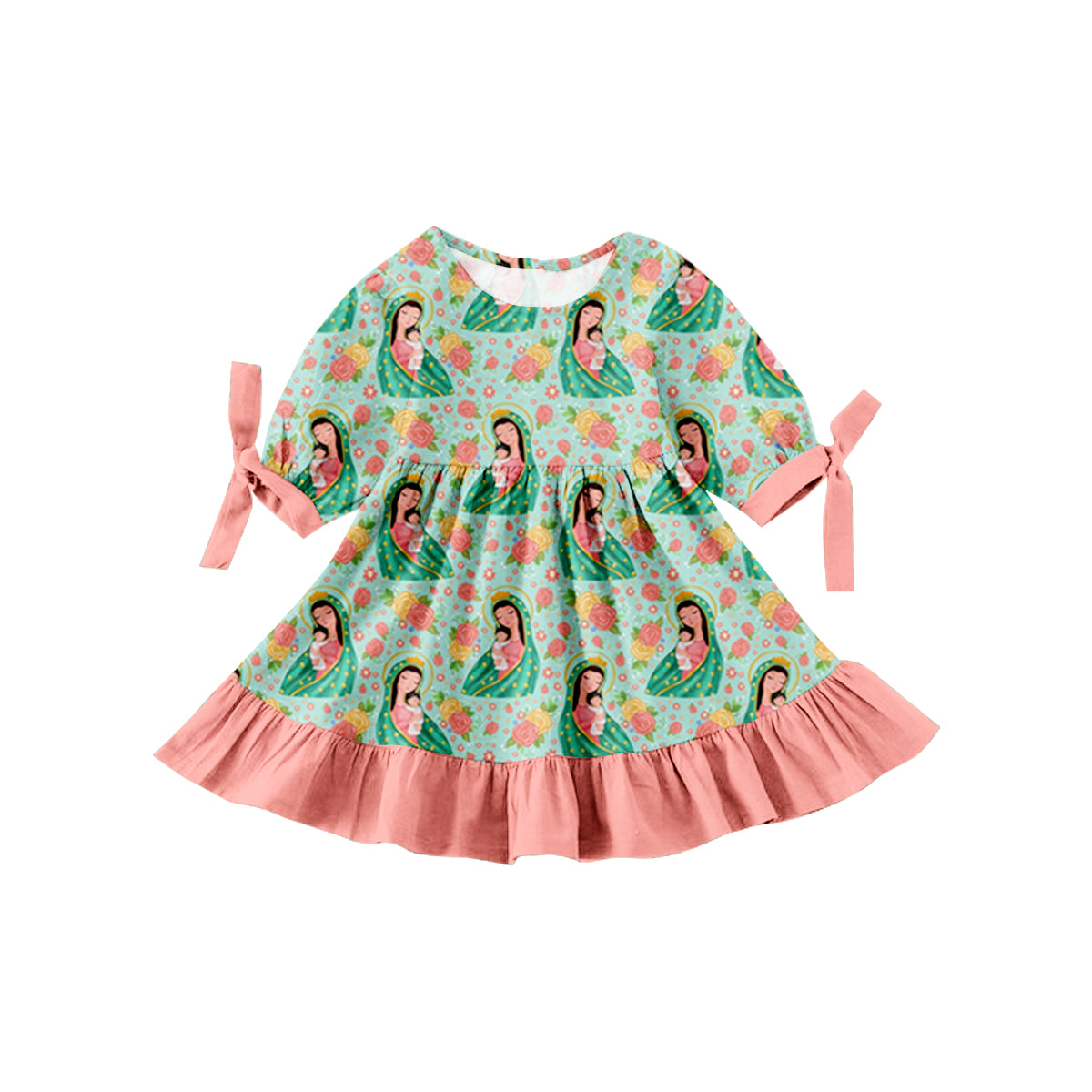 (Custom Design Preorder MOQ 5)  Virgin Mary Green Print Girls Knee Length Dress
