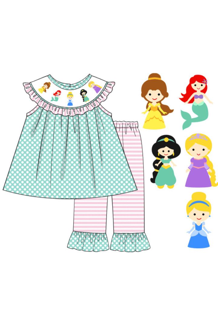 (Custom Design Preorder MOQ 5)  Cartoon Princess Dots Tunic Top Pink Stripes Pants Girls Clothes Set