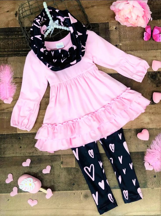 (Custom Design MOQ 5)  Pink Tunic Top Heart Legging Pants Girls 3 Pieces Valentine's Clothes set