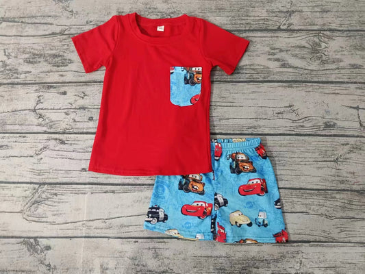 (Custom Design Preorder MOQ 5) Red Pocket Top Cartoon Cars Shorts Boys Summer Clothes Set