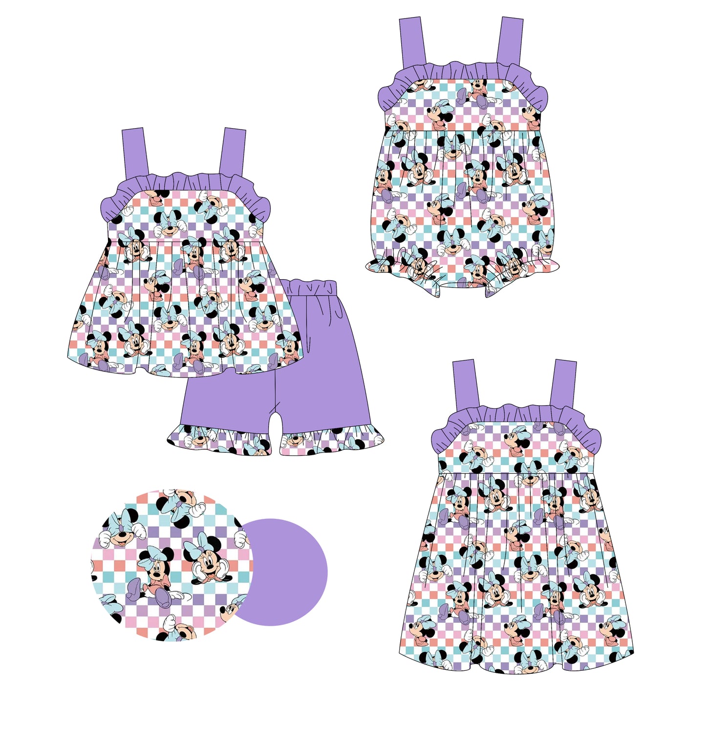 3.10(Custom Design Preorder MOQ 5 Each Design) Cartoon Mouse Plaid Print Girls Summer Matching Clothes Sisters Wear