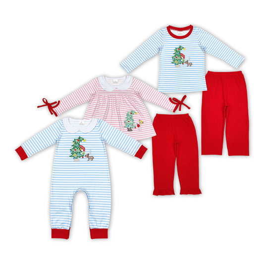 Tree Embroidery Stripes Print Sibling Christmas Matching Clothes