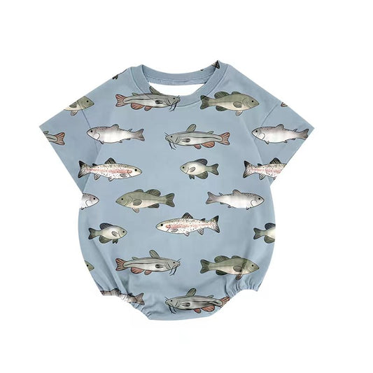 (Custom Design Preorder MOQ 5) Fish Gray Print Baby Boys Summer Romper