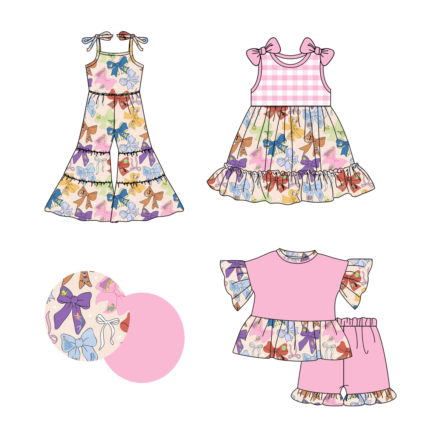 2.22(Custom Design Preorder MOQ 5 Each Design) Cartoon Figure Bows Print Girls Summer Matching Clothes Sisters Wear