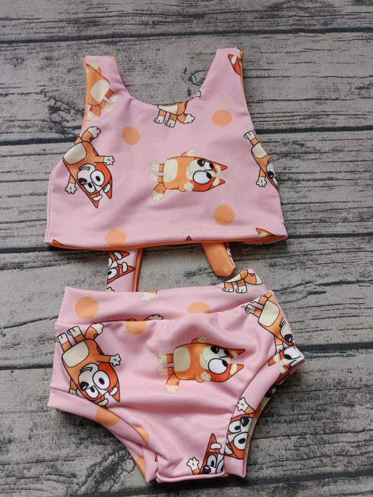 (Custom Design Preorder MOQ 5) Cartoon Dog Orange Print Girls 2 Pieces Swimsuits