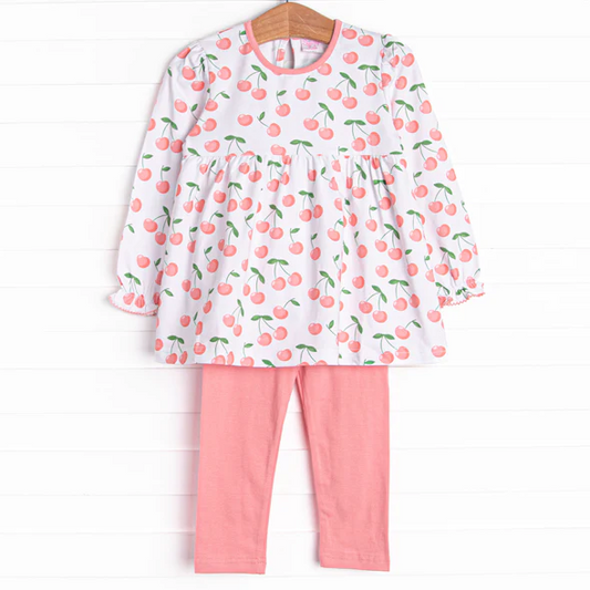 (Custom Design Preorder MOQ 5) Cherry Tunic Top Pink Pants Girls Fall Clothes Set