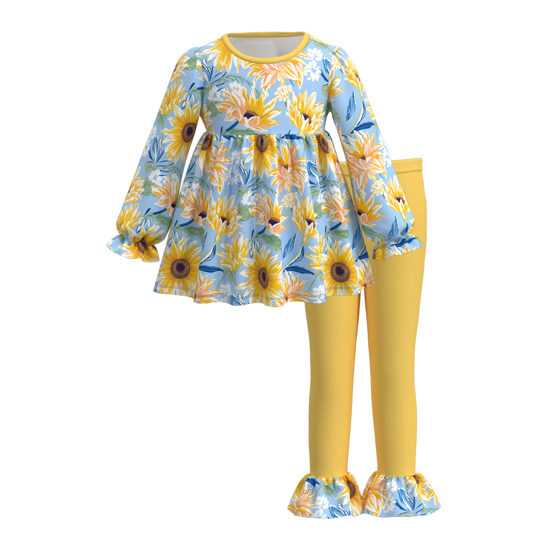 (Custom Design Preorder MOQ 5) Sunflowers Tunic Top Yellow Pants Girls Fall Clothes Set